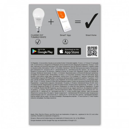 Bec LED inteligent Ledvance SMART+ WiFi Classic Tunable White A, E27, 9.5W (75W), 1055 lm, lumina alba (2700-6500K)