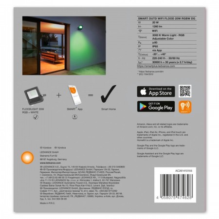 Proiector LED RGB inteligent Ledvance SMART+ WiFi Multicolour, 20W, 220-240V, 1600 lm, lumina calda (3000K), IP65/IK05, dimabil,
