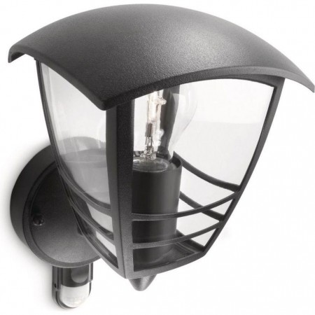 Aplica tip felinar pentru exterior cu senzor de miscare Philips Creek UP, 1xE27, max 60W, IP44, 130x180x195mm, Negru