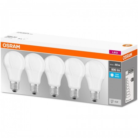 5 Becuri LED Osram Base Classic A, E27, 8.5W (60W), 806 lm, lumina neutra (4000K)