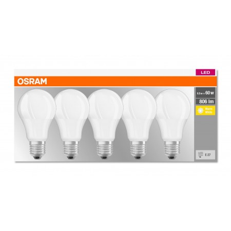5 Becuri LED Osram Base Classic A, E27, 8.5W (60W), 806 lm, lumina calda(2700K)