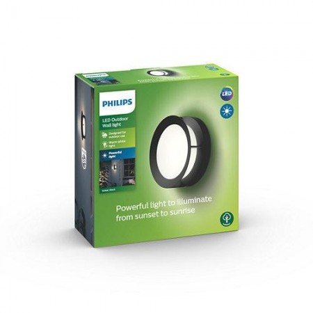 Aplica LED pentru exterior Philips Actea, 12W (83W), 176V, 1200 lm, lumina calda (2700K), IP44, 189mm, Negru