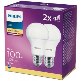 2 Becuri LED Philips A60, EyeComfort, E27, 13W (100W), 1521 lm, lumina calda (2700K), mat