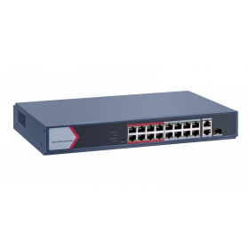 Switch PoE Hikvision DS-3E1318P-EI/M: 16 × 10/100 Mbps PoE port,1 × Gigabit combo,1 × Gigabit RJ45 port, 16 porturi PoE maxim 30