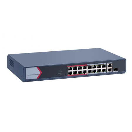 Switch PoE Hikvision DS-3E1318P-EI/M: 16 × 10/100 Mbps PoE port,1 × Gigabit combo,1 × Gigabit RJ45 port, 16 porturi PoE maxim 30