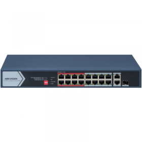 Switch PoE Hikvision DS-3E0318P-E/M(C): 16 × 10/100 Mbps PoE port,1× Gigabit RJ45 port,1 × Gigabit combo, 16 porturi PoE maxim 3