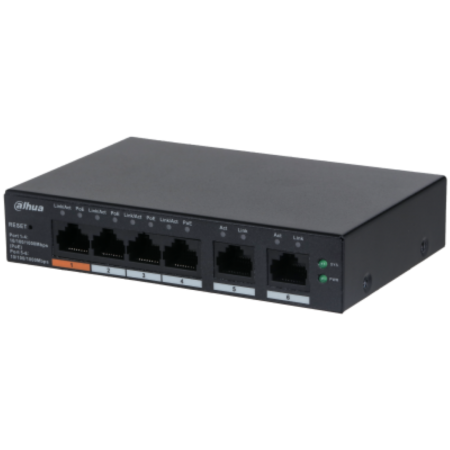 Dahua desktop switch, 6 porturi Gigabit, 4 porturi POE, CS4006-4GT-60, Port 1-4: 4 × RJ-45 10/100/1000 Mbps (POE),  Port 5-6: 2 