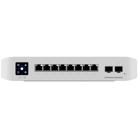 Ubiquiti USW-Pro-8-PoE-EU An 8-port, Layer 3 switch with PoE+ and PoE++ output.