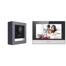 Kit videointercom IP Hikvision DS-KIS602(B), contine: DS-KD8003- IME1(B)/Surface × 1, DS-KH6320-WTE1 × 1, 4-port standard PoE sw