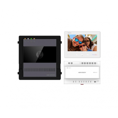 Kit videointercom IP Hikvision DS-KIS704EY/AL kit-ul contine: 1x DS- KH7300EY-WTE2/WH, 1x DS-KD-ACW1, 1x DS-KD7003EY-IME2/AL, 1x
