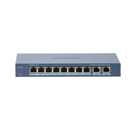 Switch PoE Hikvision DS-3E0310HP-E(C): 8 × 10/100 Mbps PoE port,2 × Gigabit RJ45 port, 16 porturi PoE maxim 30W, buget PoE 130W,