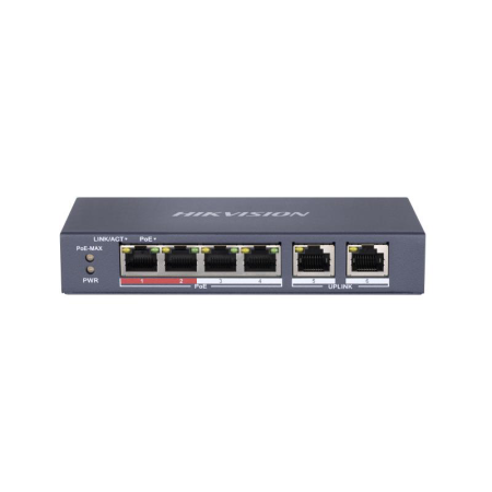 Switch PoE Hikvision DS-3E0106P-E/M(B): 4 x 10/100Mbps PoE port, and 2 × 10/100Mbps RJ45 port, 4 porturi PoE maxim 30W, buget Po