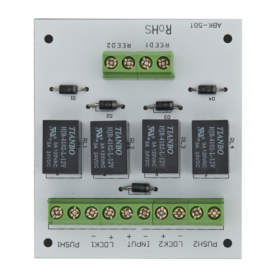 Modul electronic pentru doua usi cu incuietori tip fail-safe cu monitorizare sau buton.