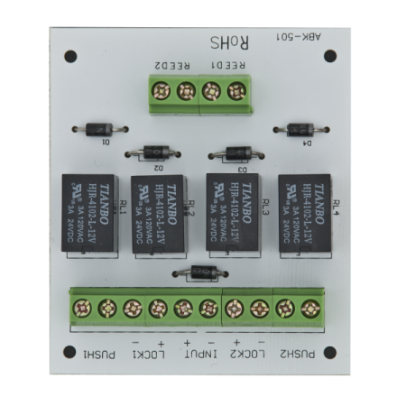 Modul electronic pentru doua usi cu incuietori tip fail-safe cu monitorizare sau buton.