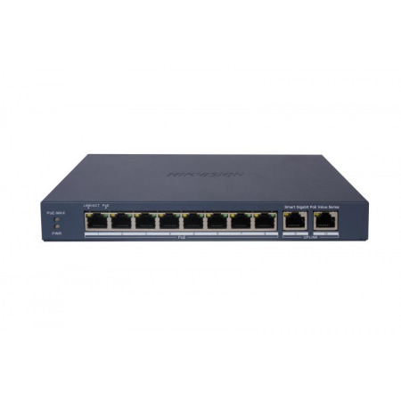 Switch 8 porturi Gigabit, Hikvision DS-3E1510P-EI/M, 8 × gigabit PoE ports, and 2 × Gigabit RJ45, IEEE 802.3af,IEEE 802.3at,  MA