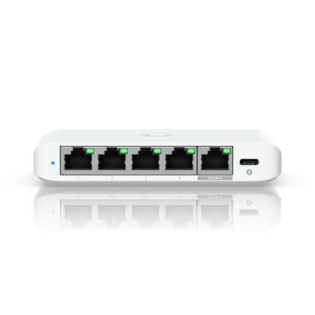 Ubiquiti USW-Flex-2.5G-5, 5 porturi RJ45 1/2.5 GbE, capacitate 25 Gbps, 1 adaptor de alimentare AC, 5V DC, 1A, 1 PoE (PairA 1, 2