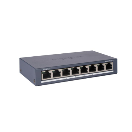 Switch Hikvision DS-3E0508-O: 8 × Gigabit RJ45 port maxim 3W, tensiune alimentare: 5VDC, 0.6A, dimensiuni: 145.00 mm × 25.60 mm 