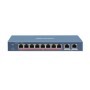 Switch 8 porturi PoE Hikvision DS-3E1310HP-EI prezinta 1 × 10/100 Mbps Hi-PoE port, 7 × 10/100 Mbps PoE ports, and 2 × 10/100/10