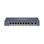 Switch 8 porturi PoE Hikvision DS-3E1310HP-EI prezinta 1 × 10/100 Mbps Hi-PoE port, 7 × 10/100 Mbps PoE ports, and 2 × 10/100/10