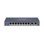 Switch 8 porturi PoE Hikvision DS-3E1310HP-EI prezinta 1 × 10/100 Mbps Hi-PoE port, 7 × 10/100 Mbps PoE ports, and 2 × 10/100/10