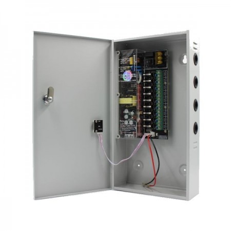 Surse alimentare 12V pentru camere Sursa alimentare CCTV 12V 8A 9 iesiri cu backup STR1208-09CB Strong Euro Power