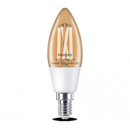 Bec LED inteligent vintage (decorativ) Philips Filament Candle Clear C35, Wi-Fi, Bluetooth, E14, 4.9W (40W), 470 lm, lumina alba