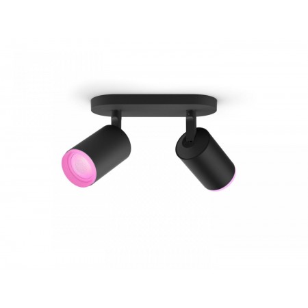 Spot LED RGB Dublu Philips Hue Fugato, Bluetooth, 2xGU10, 2x5.7W, 700 lm, lumina alba si color (2000-6500K), IP20, Metal, Negru