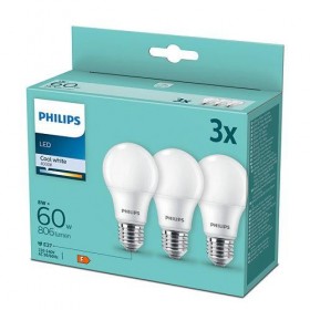 3 Becuri LED Philips A60, E27, 8W (60W), 806 lm, lumina neutra (4000K), mat