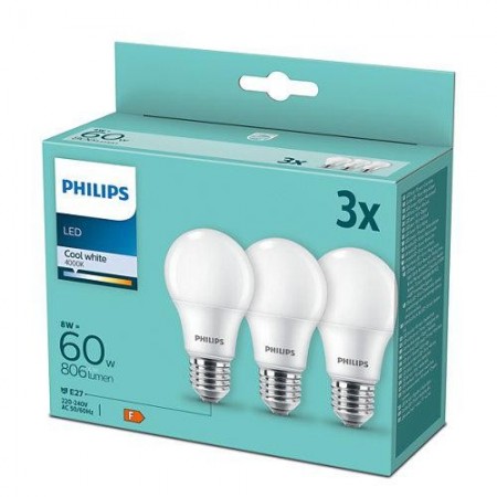 3 Becuri LED Philips A60, E27, 8W (60W), 806 lm, lumina neutra (4000K), mat